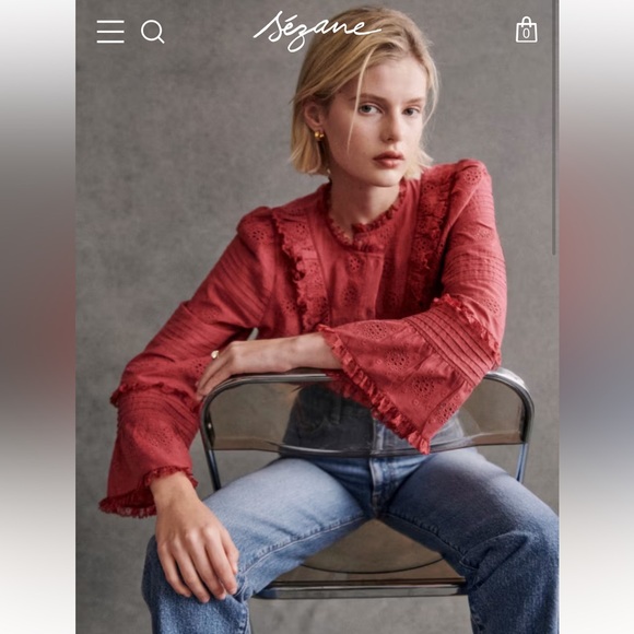 Sezane NELE SHIRT in Rosewood Women's Ruffled Lace Blouse - Picture 5 of 14